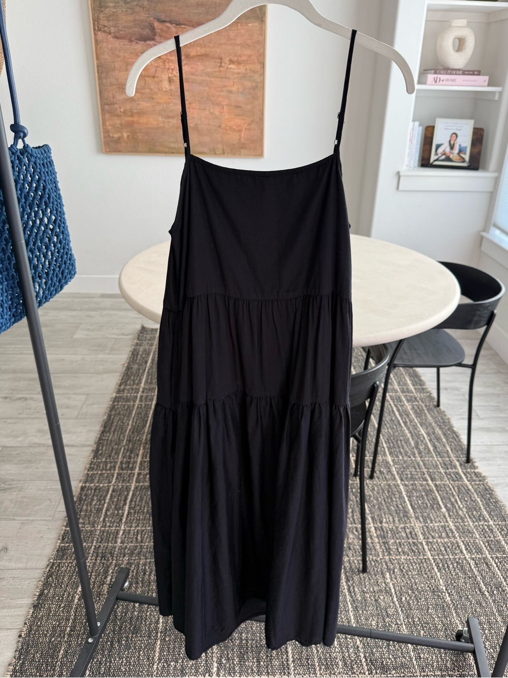 Enza Costa Black Tiered Spaghetti Strap Midi Dress